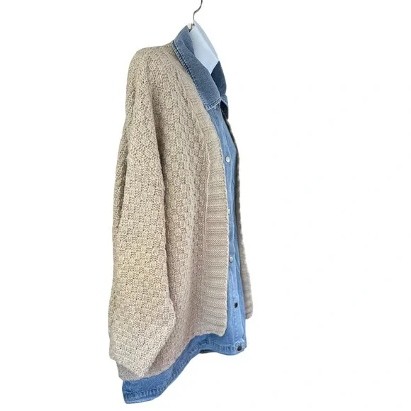 BIBI NWT SZ LGE Denim Trucker Cardigan Sweater Combo Tan Knit Oversized Layering - Picture 6 of 16